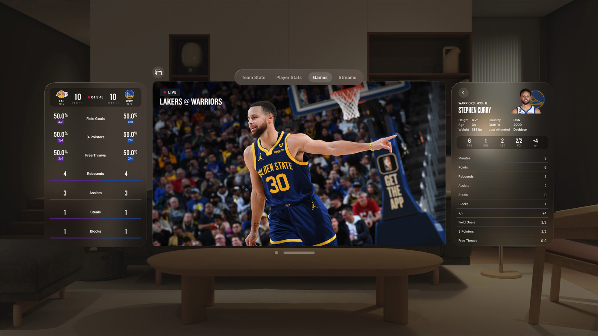NBA app on Vision Pro showing Steph Curry