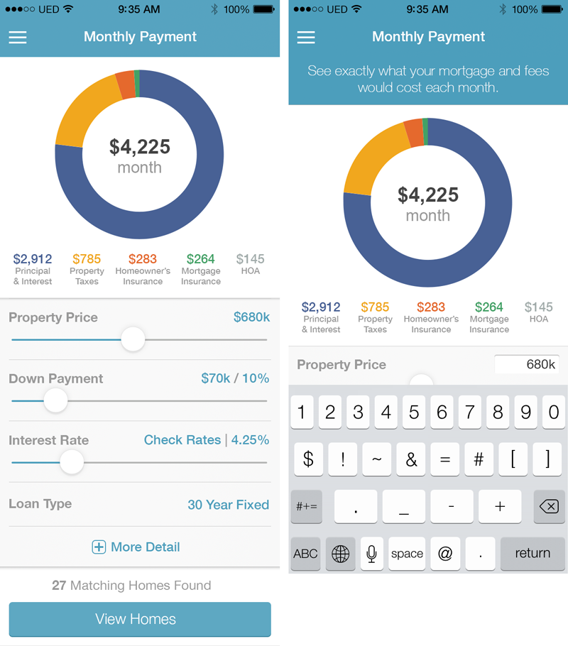 App design with Slider inputs for calculating mortgage combinations