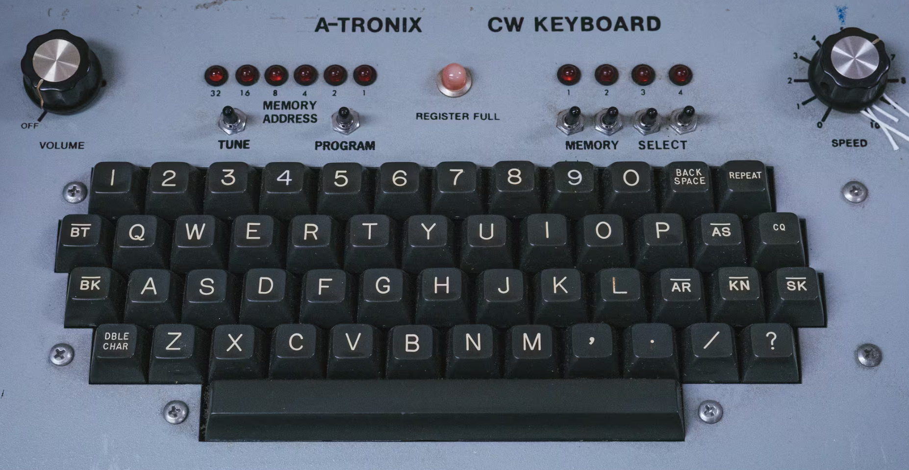 A vintage keyboard labeled “A-TRONIX CW KEYBOARD” - Photo by Marcin Wichary