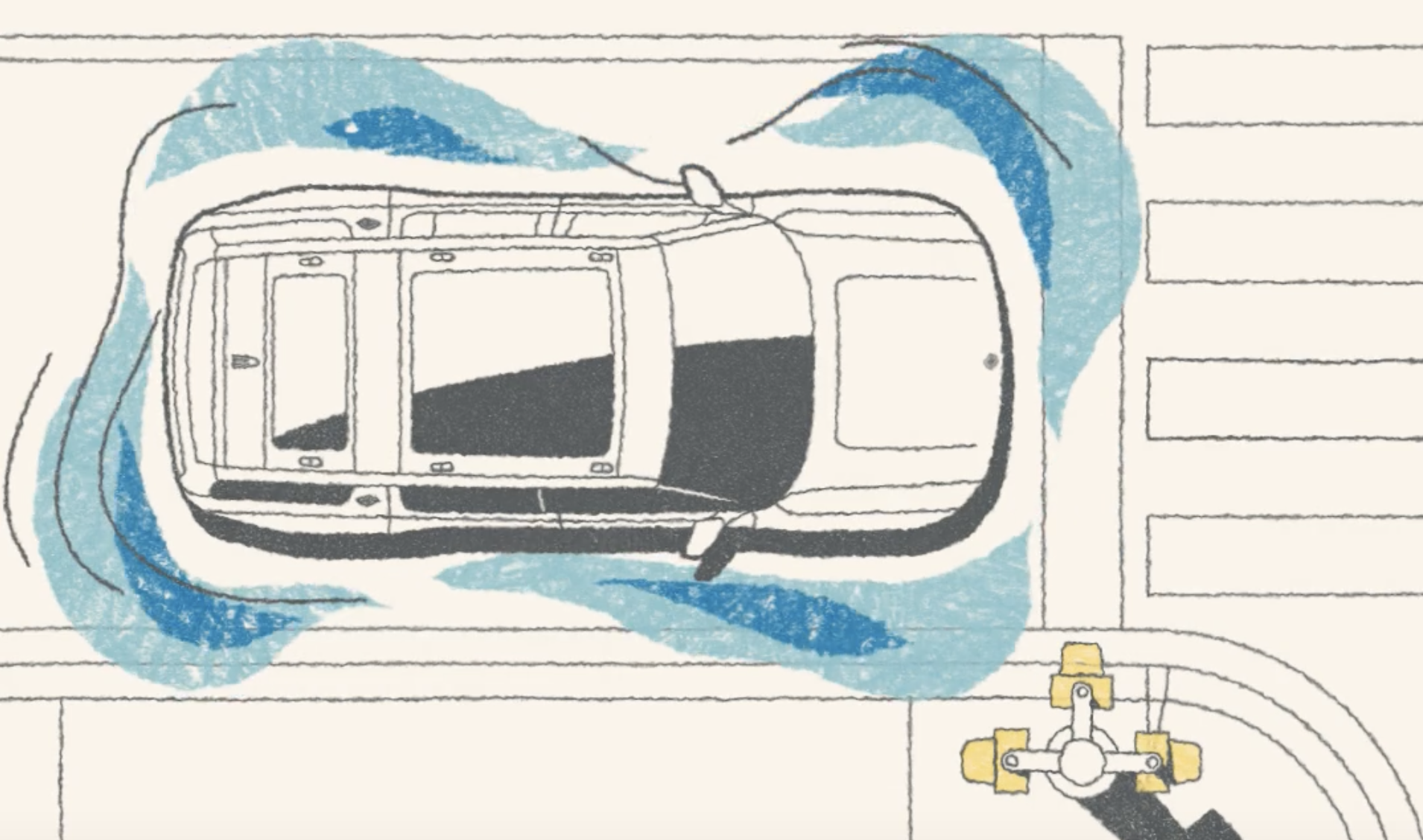 Illustration of a vehicle shown from above with waves of sounds around it